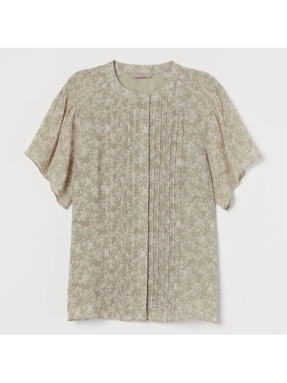 H&M Beige Floral Pintuck Short-Sleeve Blouse